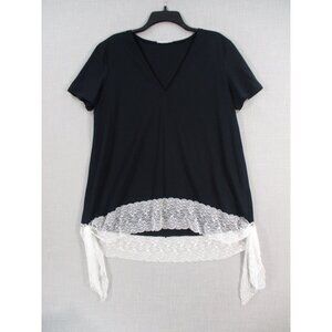 Zara Womens Black & White Lace Hem V-Neck Top Size‎ L